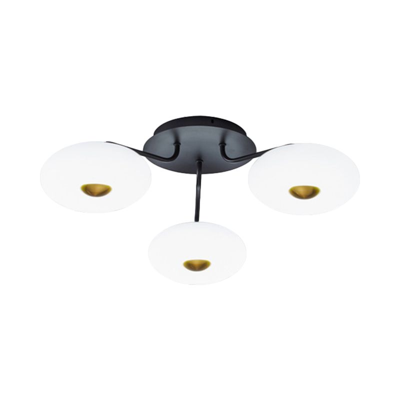 Black Branched Semi Flush Chandelier Modern 3 Bulbs Metal Ceiling Light with Round Acrylic Shade, White/3 Color Light