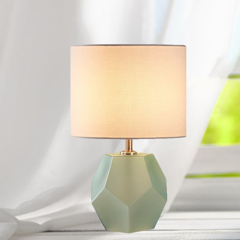 Single-Bulb 3D Hexagon Table Lamp Modern Grey/Pink/Yellow Glass Night Light with Drum Fabric Shade