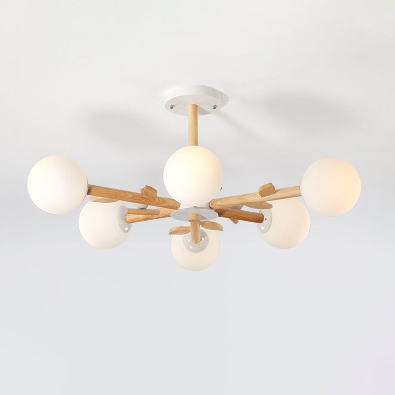 Radial Ceiling Mount Chandelier Nordic Wood 3/6-Bulb Bedroom Semi Mount Lighting with White Glass Shade and Bird Decor