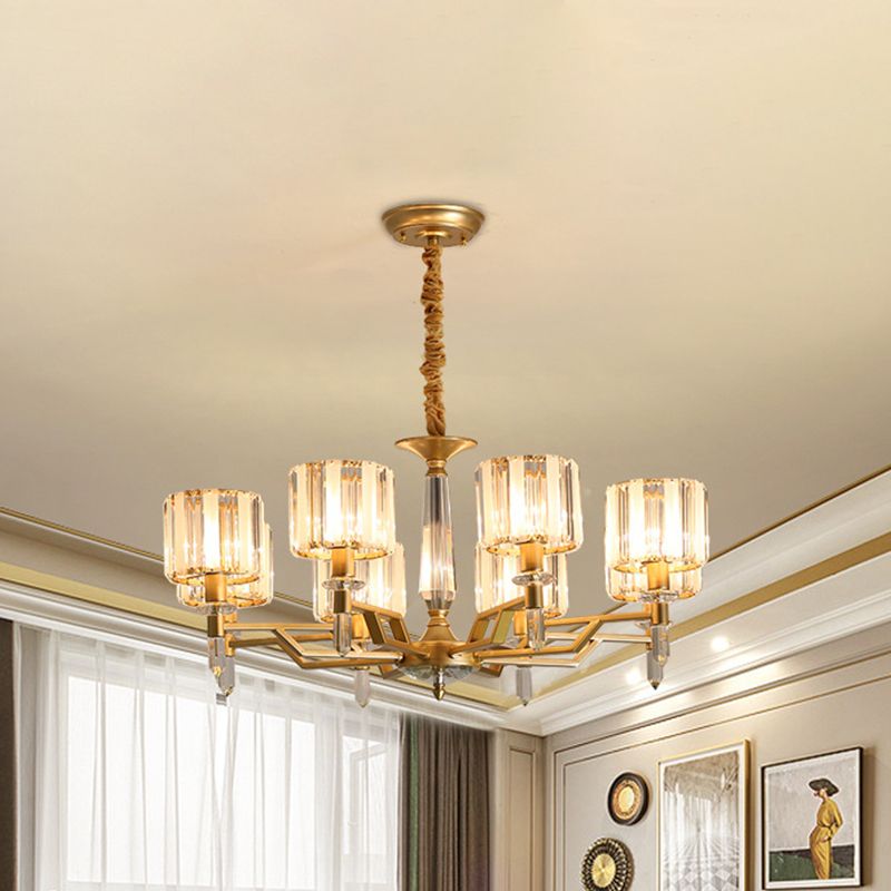 Prismatic Crystal Cylinder Up Chandelier Postmodern 8 Heads Living Room Suspended Lighting Fixture in Gold