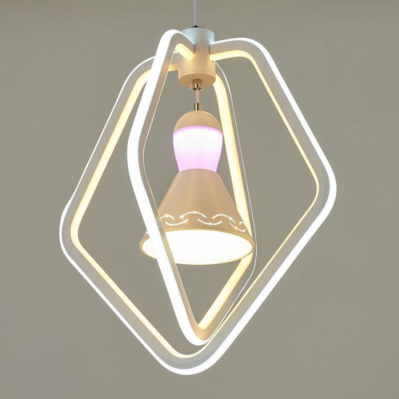 Acrylic Dual Pentagon Frame Hanging Lighting Minimalist LED White Pendant Lamp with Bell Inside