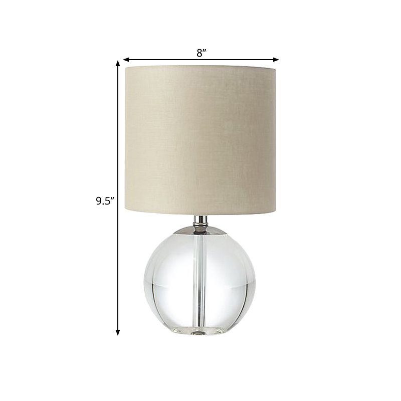 Beige 1 Head Nightstand Lamp Traditional Fabric Cylindrical Shade Table Light with Crystal Spherical Base