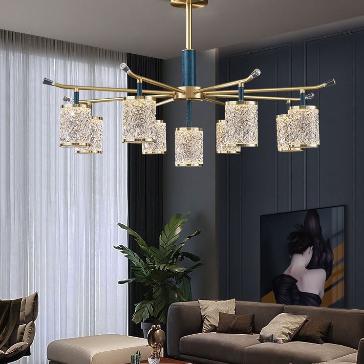 Diner Chandelier Modern Brass Pendant Light with Cylindrical Rippled Glass Shade