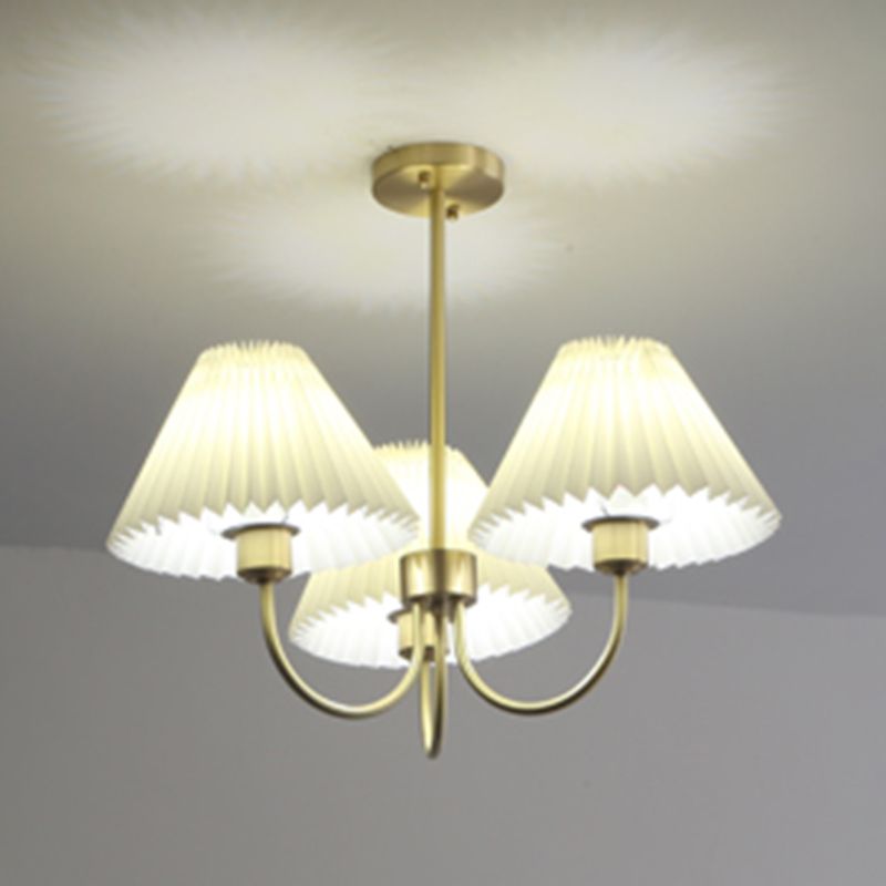 Country Style Living Room Chandelier Retro Fabric Conical Pendant Light Fixture in Brass