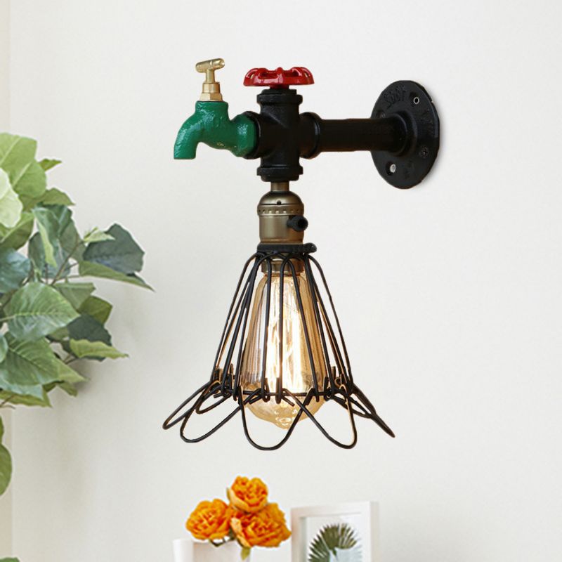 Schwarz Finish 1 Lampen Wandleuchten rustikaler Metallkäppchen -Schatten -Beleuchtung mit Wasserhahn und Ventil