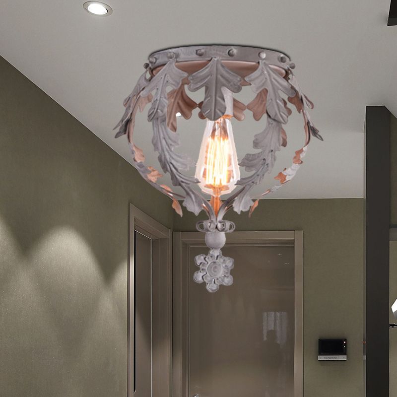 Single Inverted Leaf Crown Flush Light Rustic Grey/White/Gold Metal Ceiling Mounted Lamp for Corridor