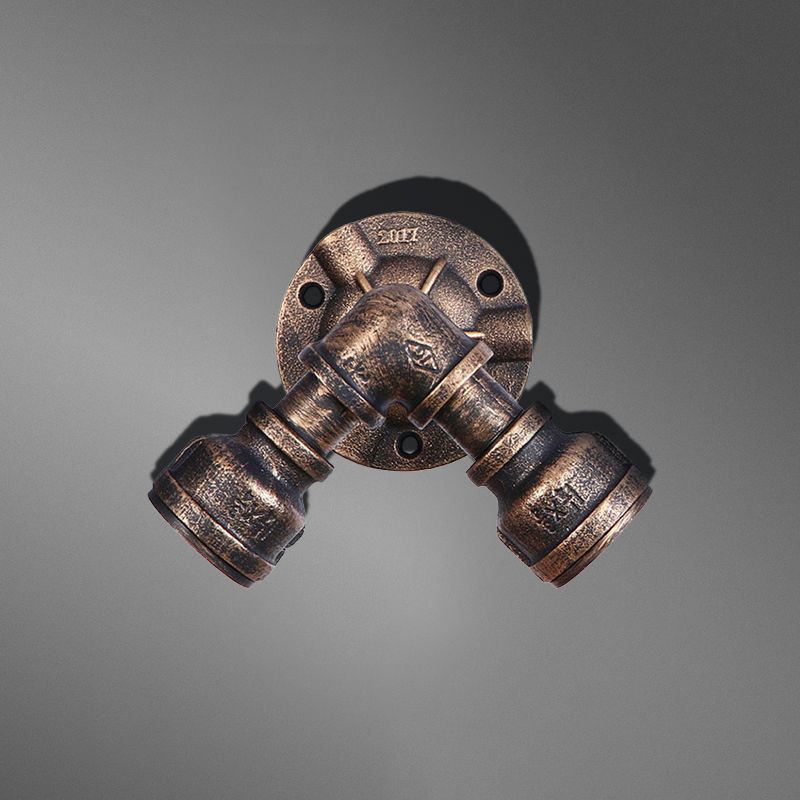 2 Heads Wall Sconce Fixture with Pipe Wrought Iron Shade Rustic Style Living Room Wall Fixture Light in Aged Bronze