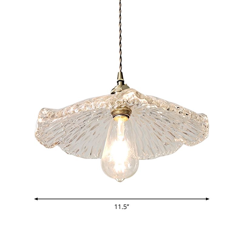 Single Lotus Leaf Shaped Pendant Lamp Farmhouse Brass Clear Carved Glass Hanging Light over Dining Table