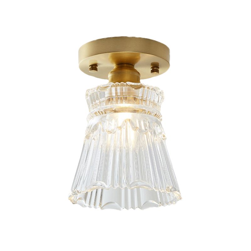 Single Bulb Semi Flush Mount Industrial Cone Clear Textured Glass Ceiling Light in Brass for Living Room