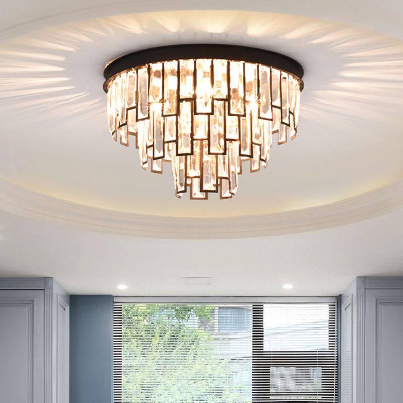 4 Heads Taper Flush Mount Light Modern Black/Gold Clear Crystals Lighting Fixture for Bedroom