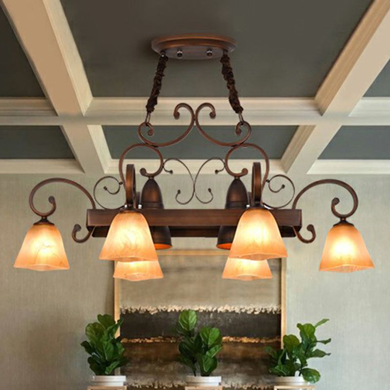 Swirled Arm Dining Room Chandelier Lighting Classic Metal Copper Pendant Light with Bell Beige Glass Shade