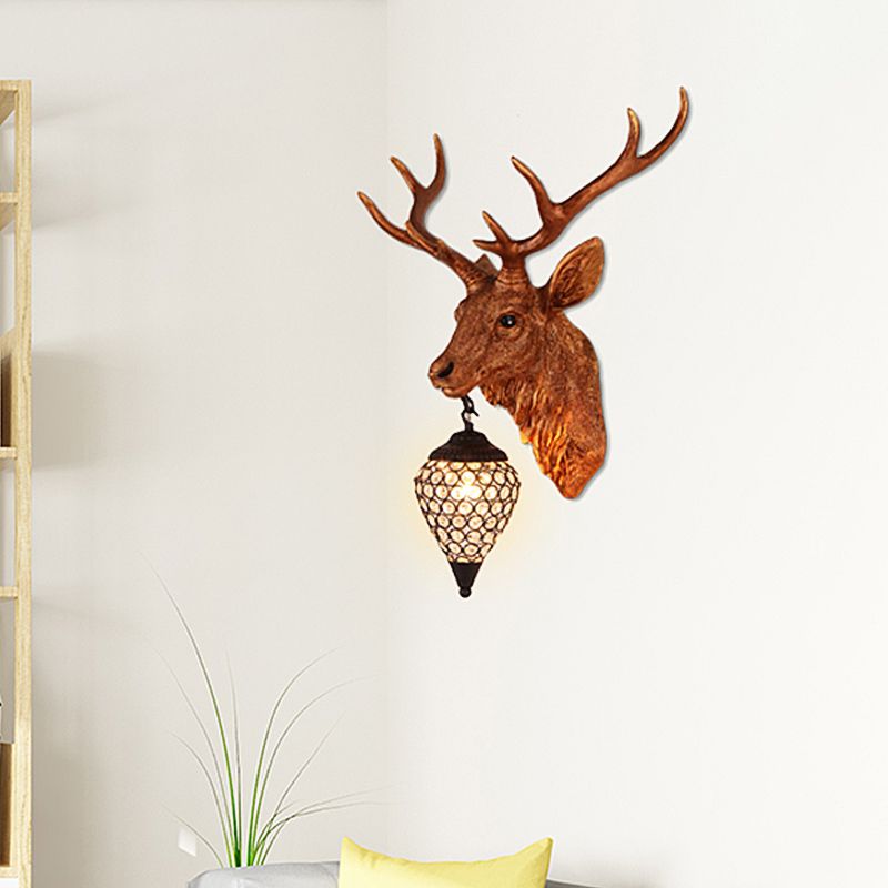 Teardrop Beveled Crystal Wall Lighting Country 15"/20.5"/24.5" Wide 1 Head Bedroom Sconce Lamp with Deer Head in White/Yellow/Gold