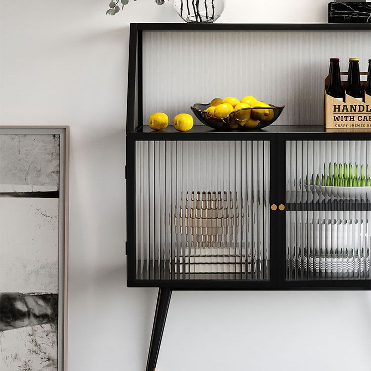 Modern Black Iron Dining Server Striped Glass Doors Cabinets Sideboard for Living Room
