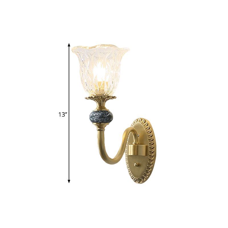 1/2-Head Floral Wall Mount Lamp Classic Style Brass Clear Ribbed Glass Wall Sconce Lighting with Swooping Arm