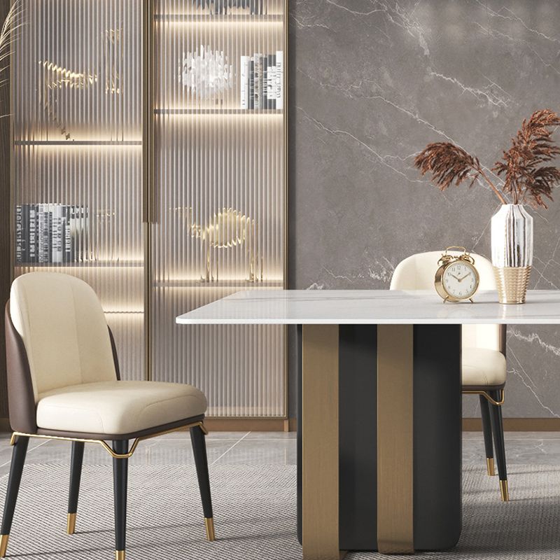 Mesa de comedor rectangular de piedra sinterizada de lujo para interiores con pedestal doble