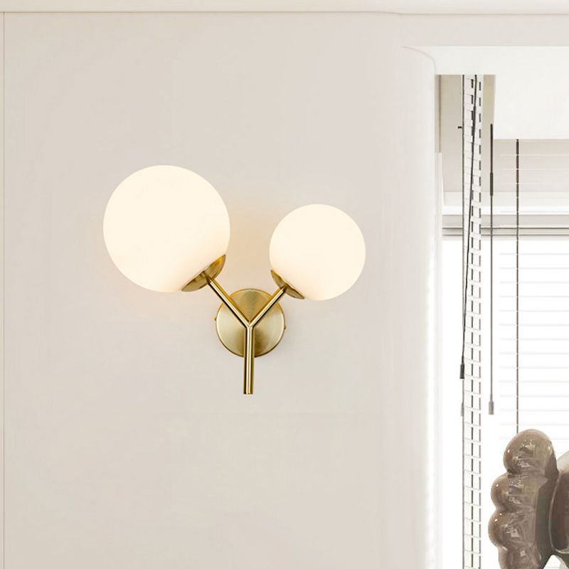 White Glass Spherical Sconce Contemporary 2 Heads Wall Mounted Light Fixture in Gold