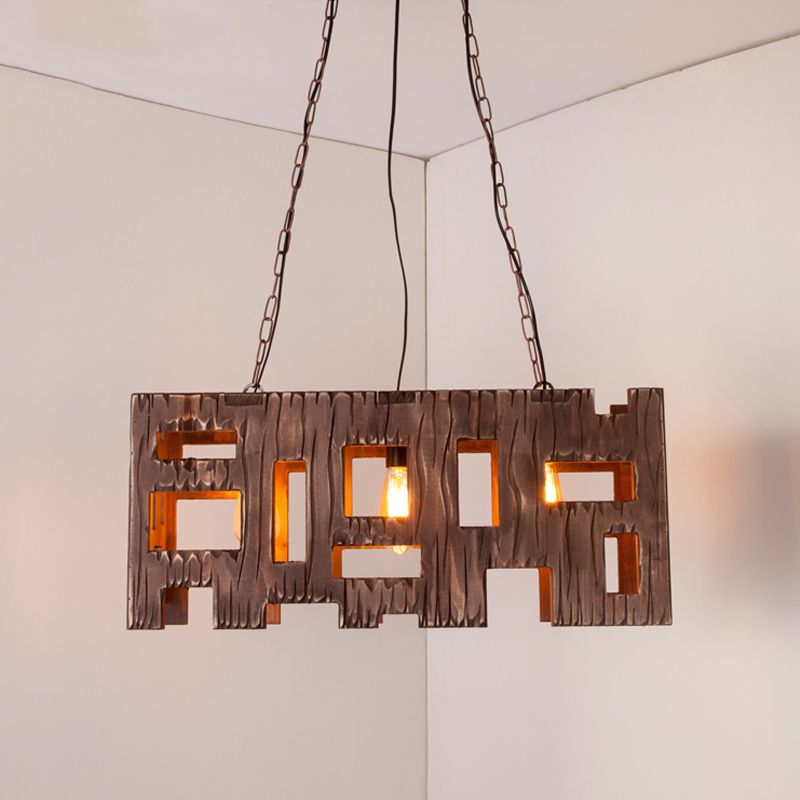 Rectangle Restaurant Island Chandelier Light Wood 2/3 Bulbs Countryside Pendant Lamp with Hollow Out Design in Brown