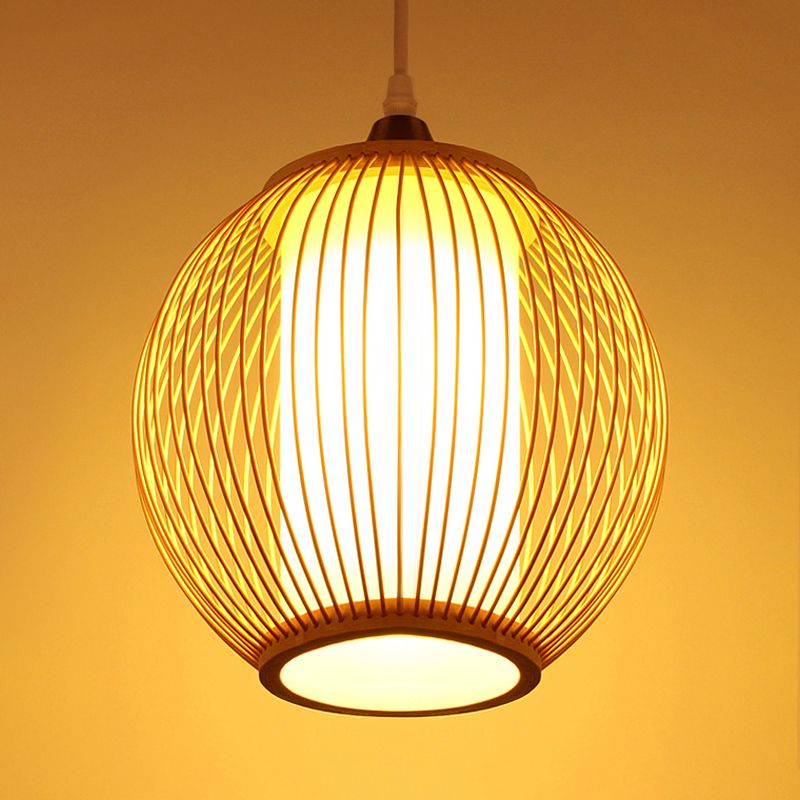 Chinese 1 Head Pendant Lighting Beige Lantern Ceiling Hanging Light with Bamboo Shade