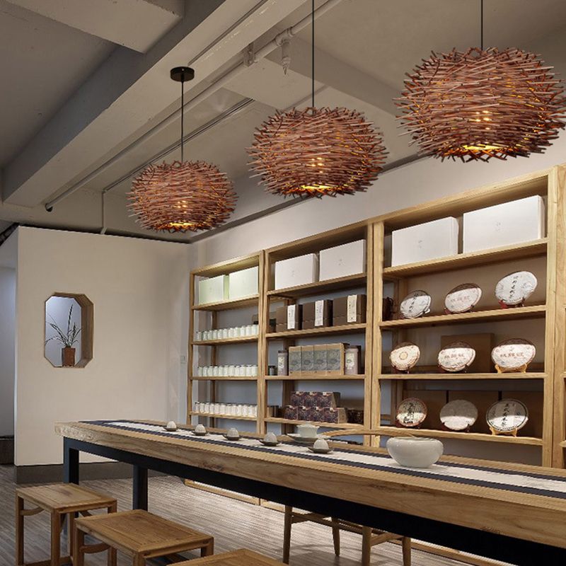 Zeitgenössischer Vogelnest Anhänger Leichtes Rattan Single-Bulb Restaurant Suspension Light in Holz
