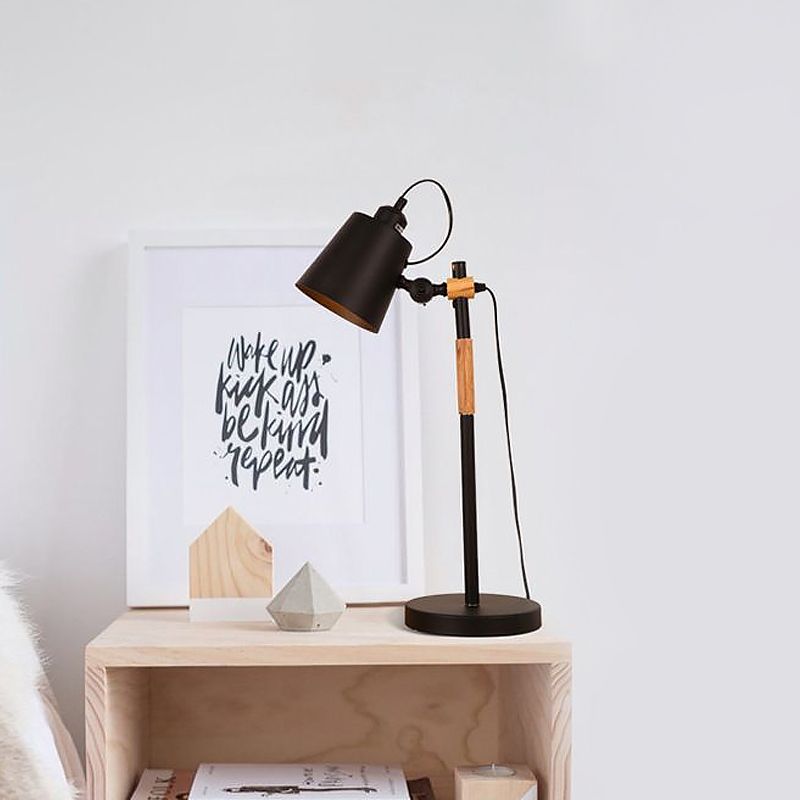 Illuminazione notturna con secchio in metallo Lampada da tavolo industriale da soggiorno a 1 lampadina con braccio in legno in bianco/nero