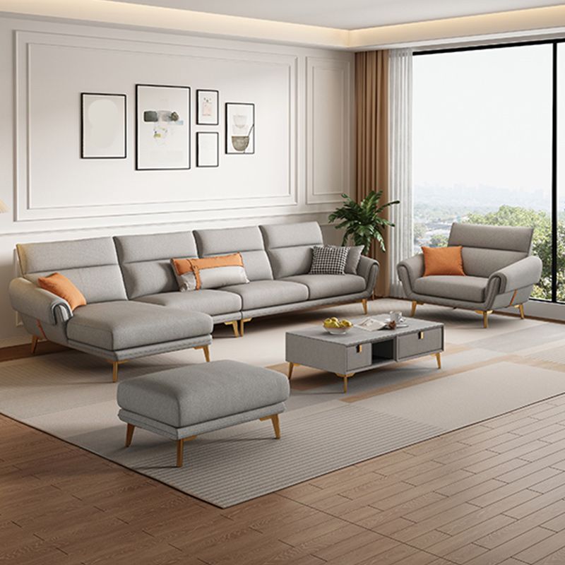 Mid Century Sofa and Chaise in Gray Flared Arm Sewn Pillow Back Sofa