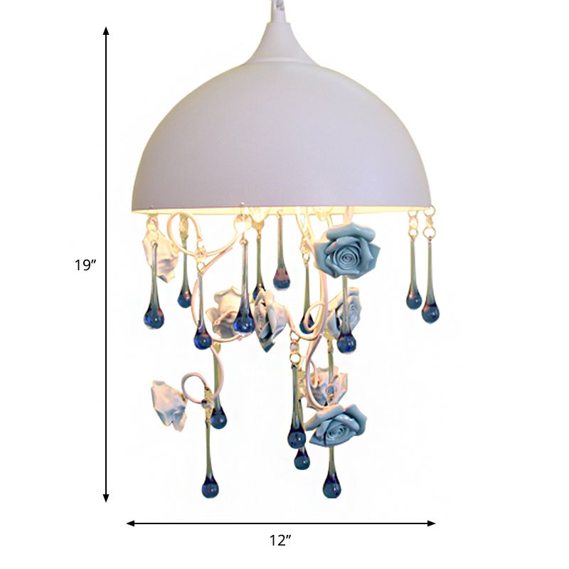 Kuppel Eisenanhänger Kronleuchter Modern 3 Lichter Wohnzimmer Drop -Lampe in Weiß mit Rosen- und Kristallakzent