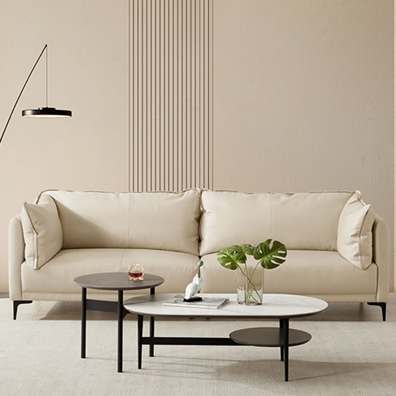 Contemporary Square Arm Sectional Genuine Leather Stationary Sectional Set