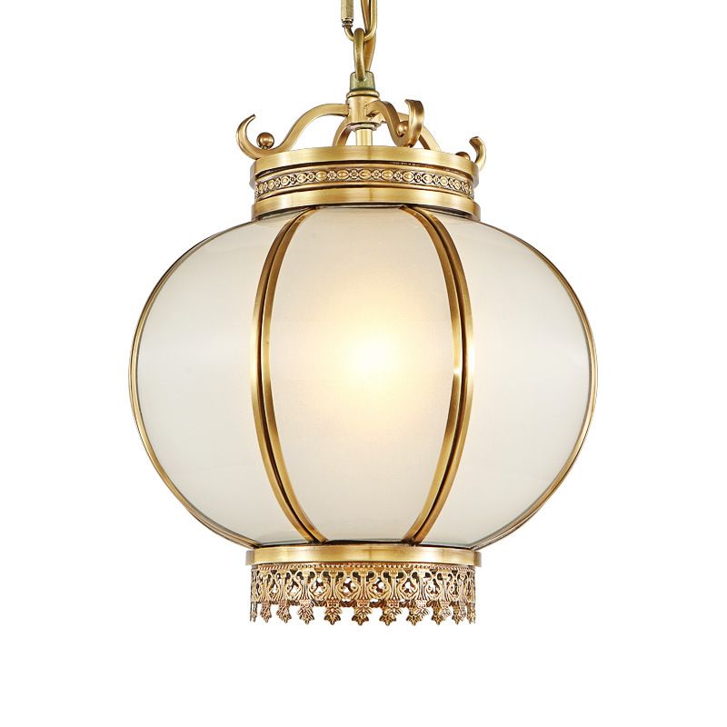 Frosted Glass Lantern Hanging Light Traditional 1 Light Bedroom Drop Pendant in Brass