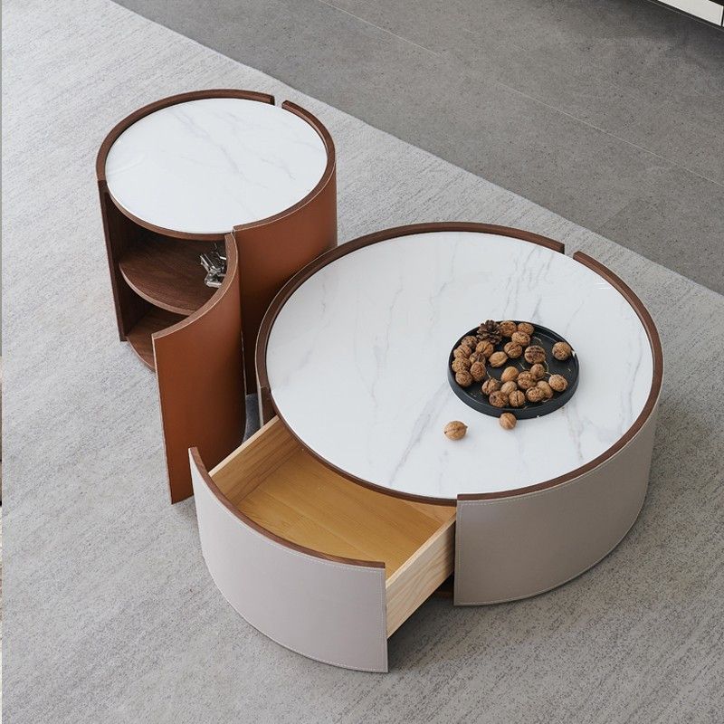Contemporary Round Coffee Table Leather and Stone Coffee or End Table Drum