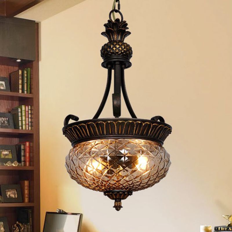 2 Lights Dining Room Ceiling Suspension Lamp Country Black Chandelier Pendant Light with Oval Clear Prismatic Glass Shade