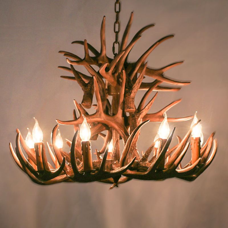Brown Deer Horn Ceiling Lighting Traditional Resin Living Room Chandelier Light Fixture