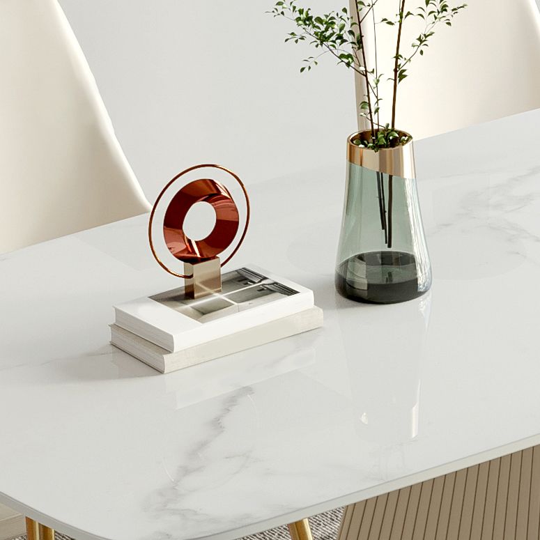 Traditional Luxury Dining Table White Rectangle Sintered Stone Table with Pedestal Base