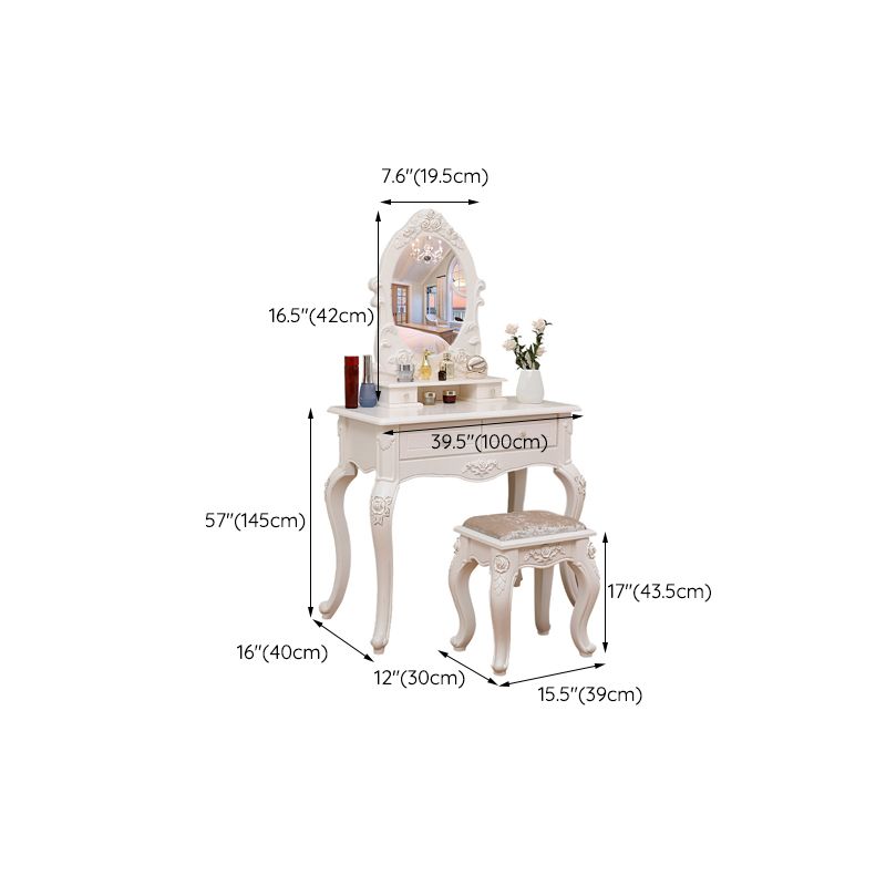 Victorian Mirrored Makeup Dressing Table Wood Stool Set in White