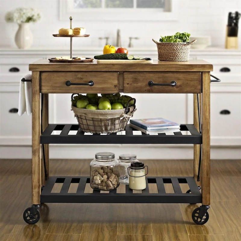 Traditional Rolling Kitchen Cart Wood Rectangular Kitchen Cart for Home Use