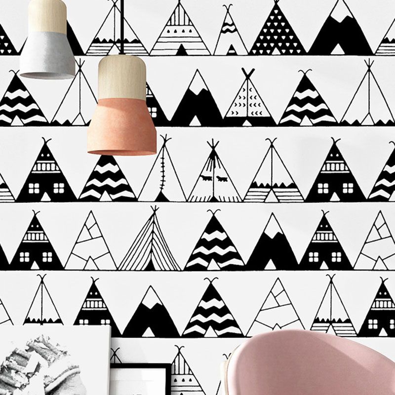 33' x 20.5" Triangle Wallpaper for Living Room Decoration Geometries Wall Covering in Black and White, Water-Resistant