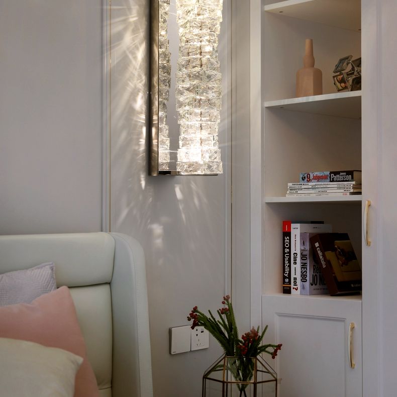 Silver Rectangular LED Wall Sconce in Modern Artistic Style Metal Wall Lamp with Crystal Shade