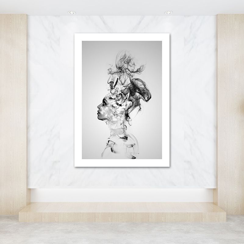 Grey Smoke Wall Art Woman Shape Modernism Textured Canvas Print for Bedroom