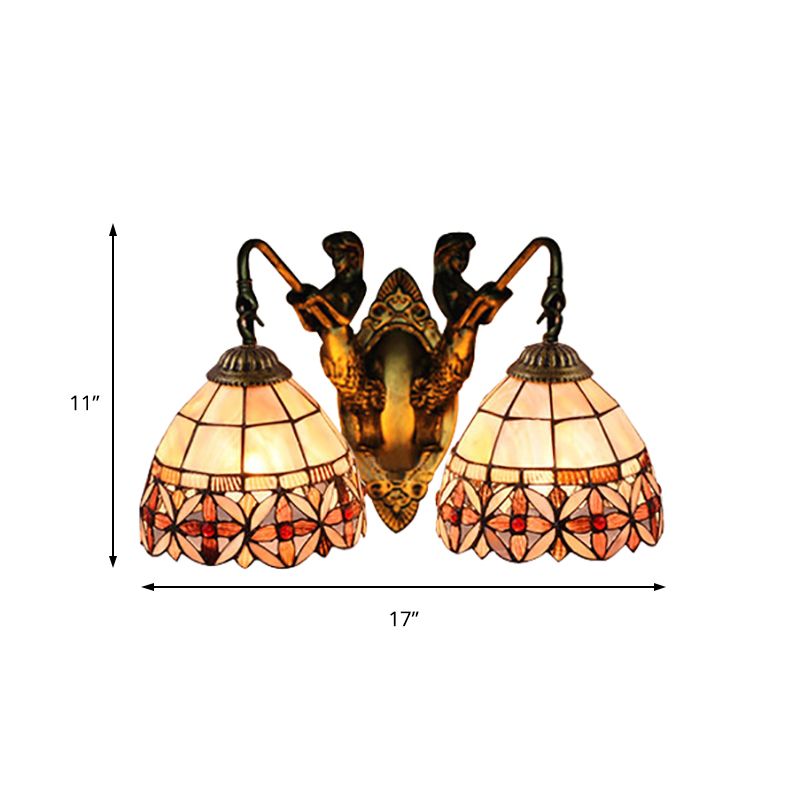 Tiffany Bowl Shell Sconce Light Fixture 2 Heads Wall Mounted Light in Beige with Mermaid Backplate