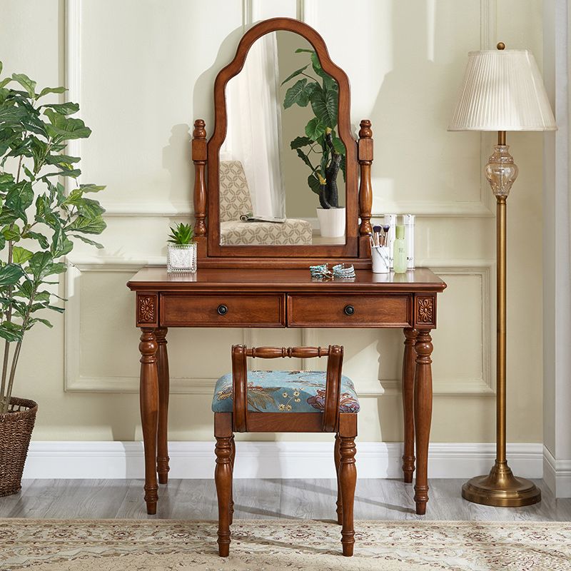 Traditional 2 Drawers Wood Mirrored Makeup Table Desk Vanity in Brown