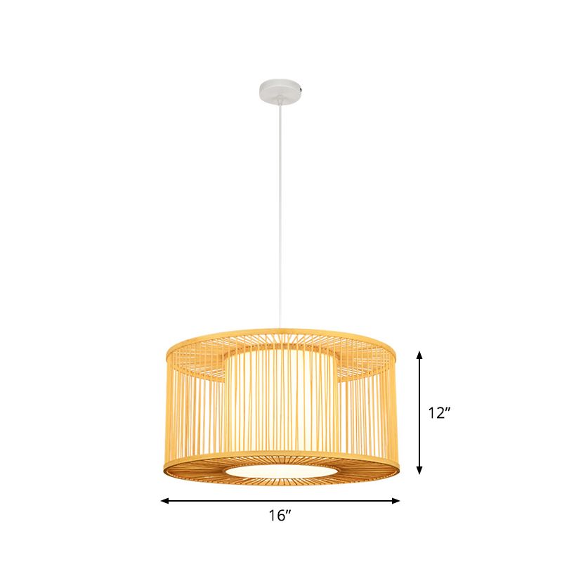 1-Light Kitchen Bar Pendulum Light Asia Beige Hanging Pendant with Drum Bamboo Shade, 16"/19.5"/23.5" W