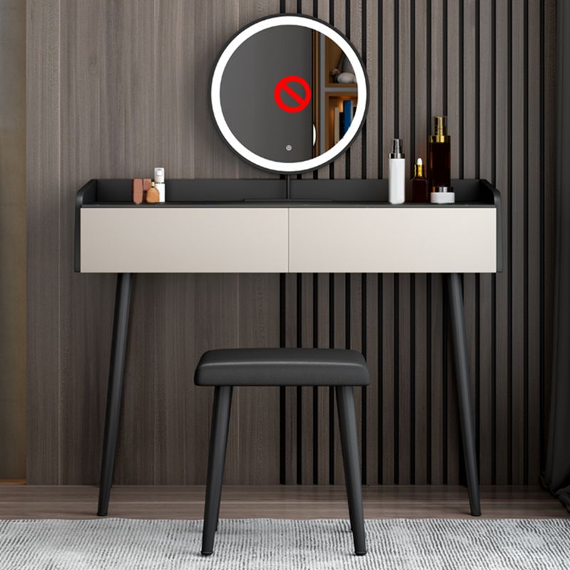 Black Stone Top Vanity Desk Contemporary 2 Drawers Dressing Table with Stool