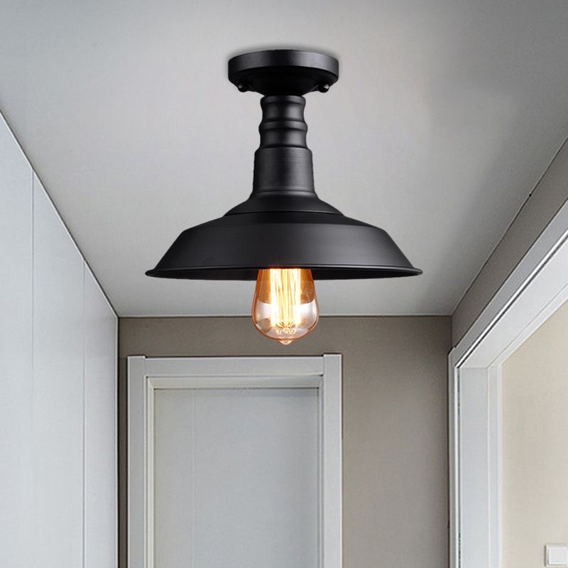 Barn Shade Metal Ceiling Mounted Light Vintage Style 1 Head Foyer Semi-Flush Ceiling Light in Black/White