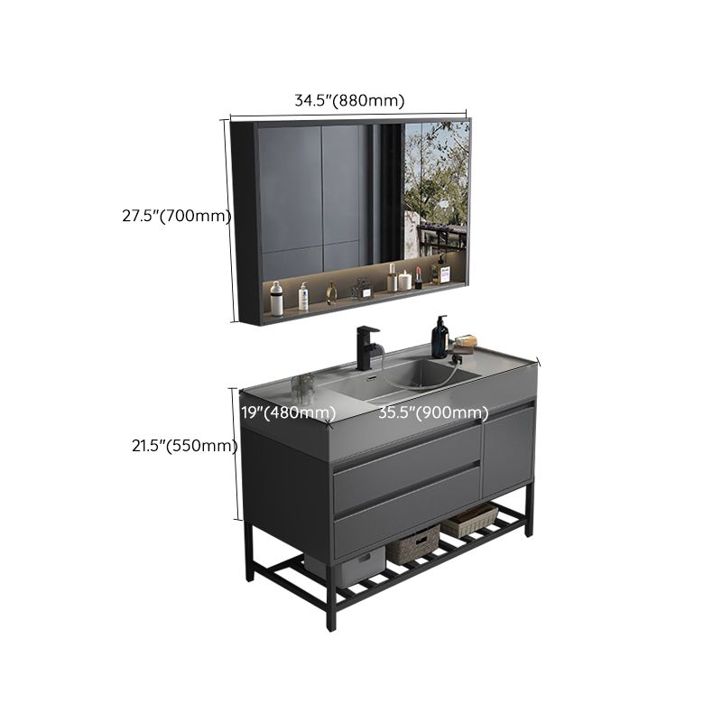 Single Sink Grey Vanity Shelving Included Mirror Rectangle Vanity with 2 Drawers