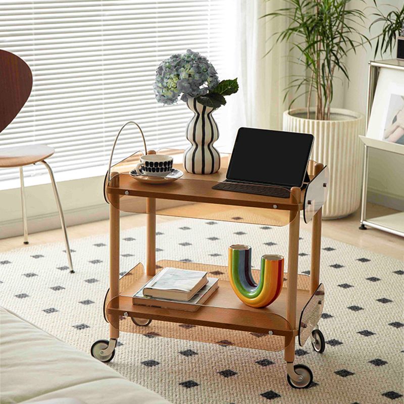 Rectangular Solid Wood End Table with Casters 28.7" Tall 2-Tier Side Table in Brown