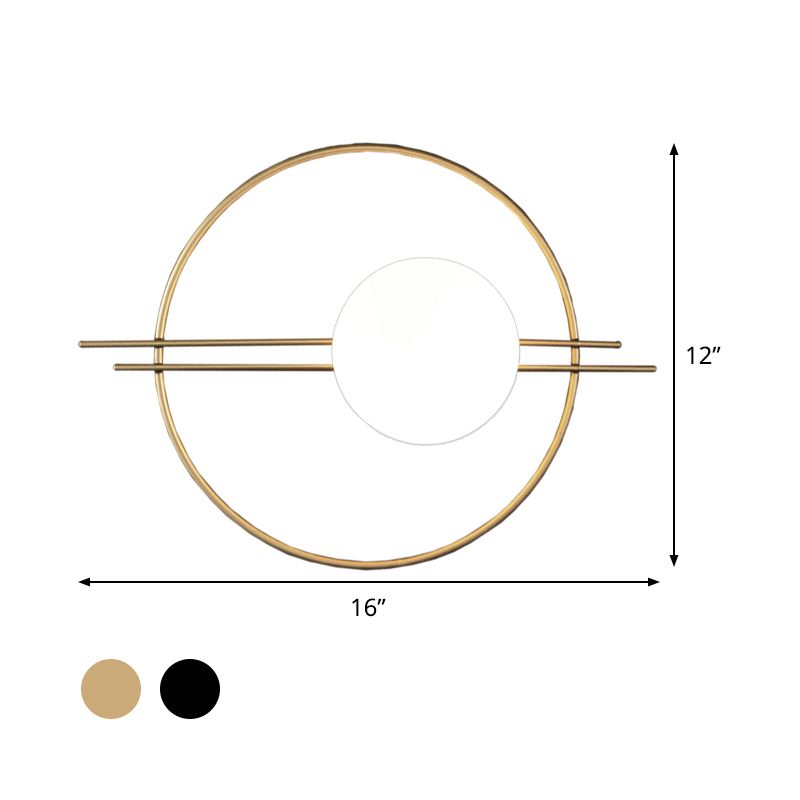 Circle Lounge Sconce Light Iron 1 Head Postmodern Wall Mounted Lighting in Black/Brass with Ball White Glass Shade