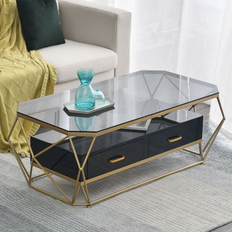 Glam Coffee Table with Glass/Marble Top and 2 Drawers and Iron Base