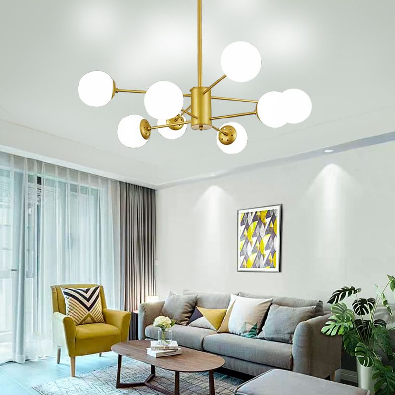 Frosted White Glass Ball Chandelier Postmodern Style Suspension Light with Burst Design