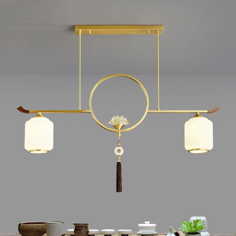 Modern Style Cylindrical Shape Island Lights White Glass 2-light Island Lighting in Gold