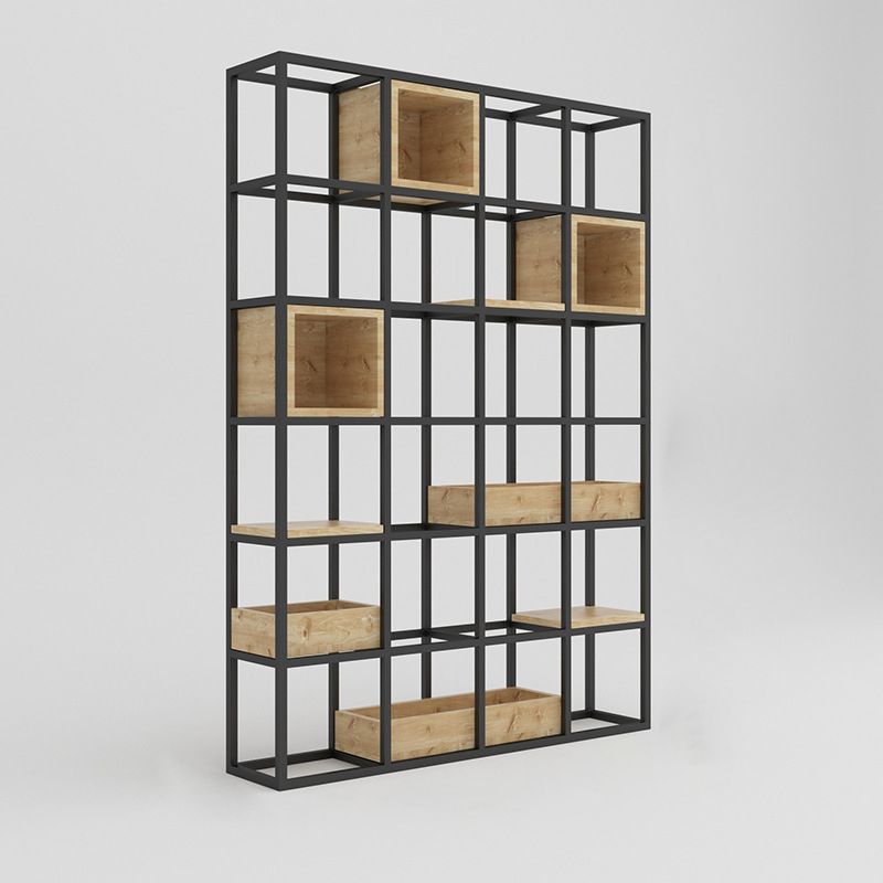 Modern Open Etagere Bookshelf with Black Iron Frame Pine Wood Shelf