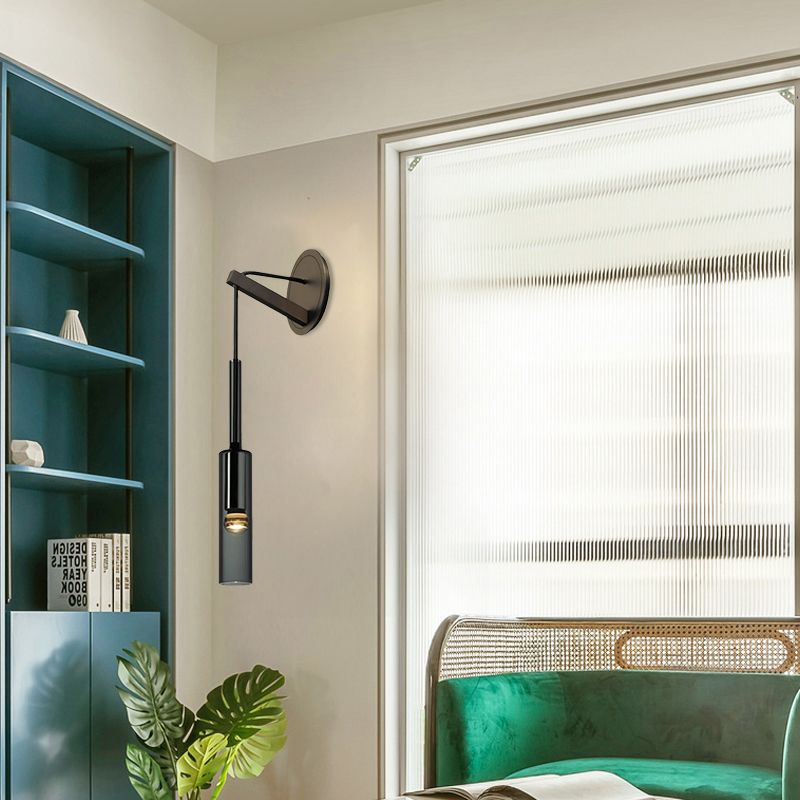 Cylinder Smoke Grey Crystal Sconce Simplicity 1 Light Wall Mounted Light with Black Arm